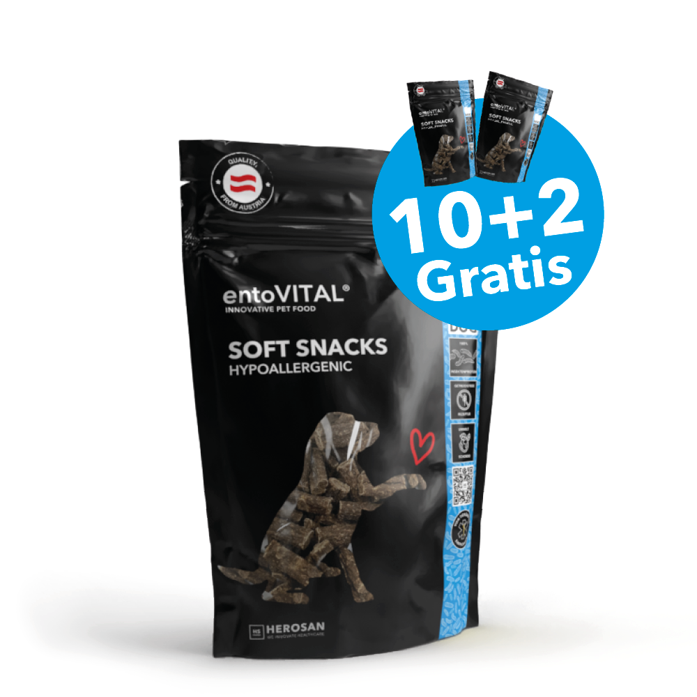 Beutel entoVITAL DOG Soft Snacks HYPOALLERGENIC mit dem Hinweis «10+2 Gratis»