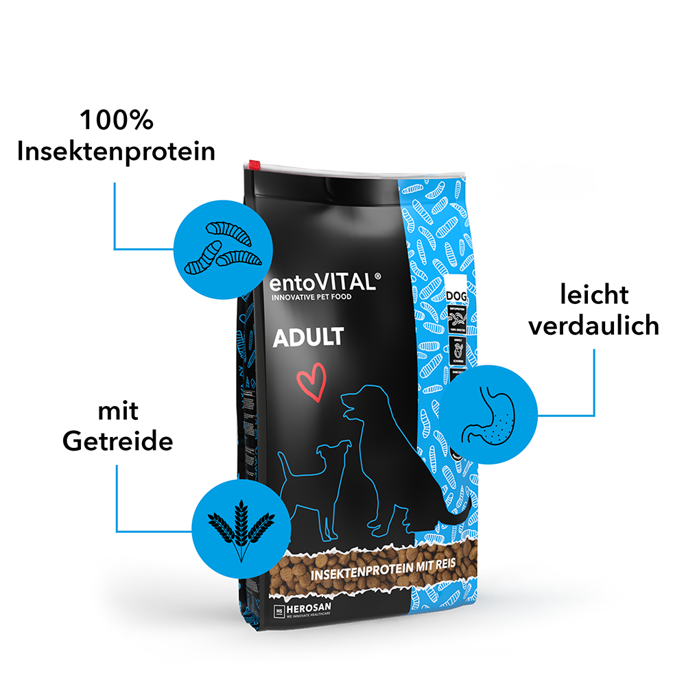Sack entoVITAL DOG ADULT mit drei Merkmalen: 100 Prozent Insektenprotein, leicht verdaulich, mit Getreide