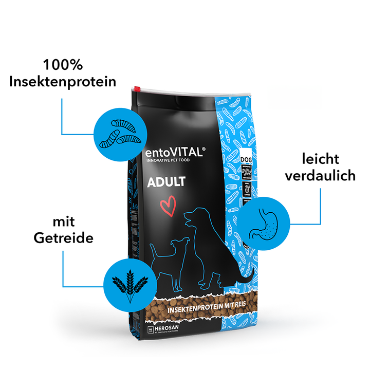 Sack entoVITAL DOG ADULT mit drei Merkmalen: 100 Prozent Insektenprotein, leicht verdaulich, mit Getreide
