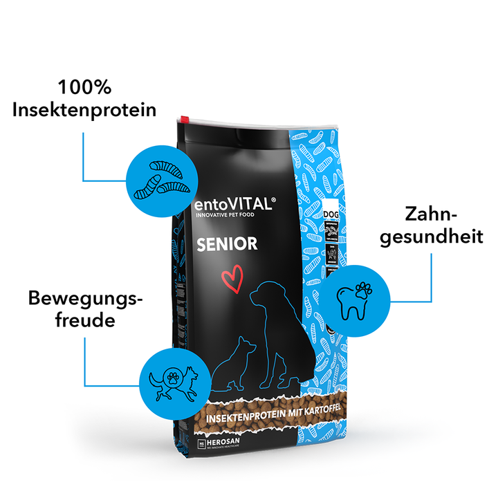 Sack entoVITAL DOG SENIOR mit drei Merkmalen: 100 Prozent Insektenprotein, Zahngesundheit, Bewegungsfreude