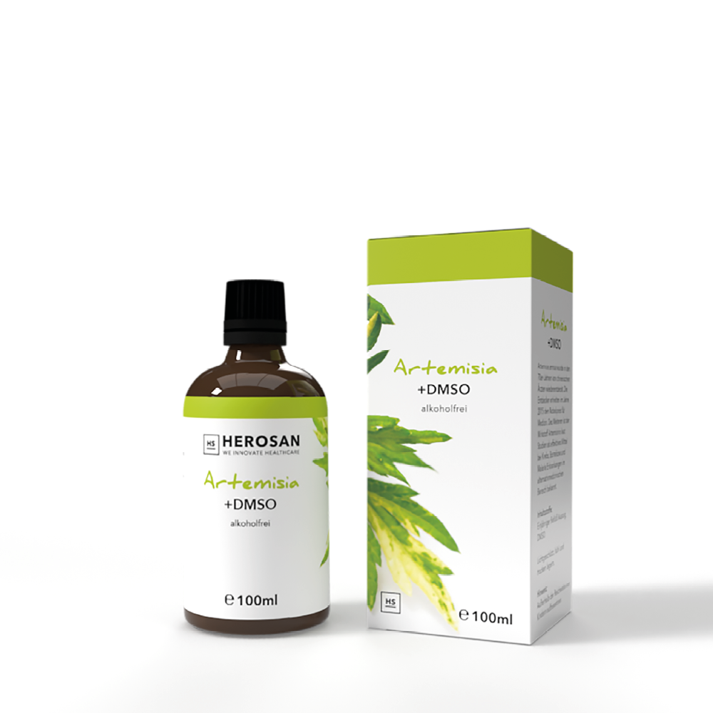 Flasche und Schachtel HEROSAN Artemisia + DMSO, alkoholfrei, 100 ml, freigestellt