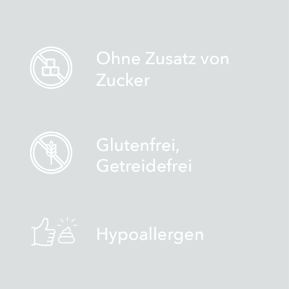 Merkmale der entoVITAL Schleckpaste als Symbole: ohne Zusatz von Zucker, glutenfrei und getreidefrei, hypoallergen
