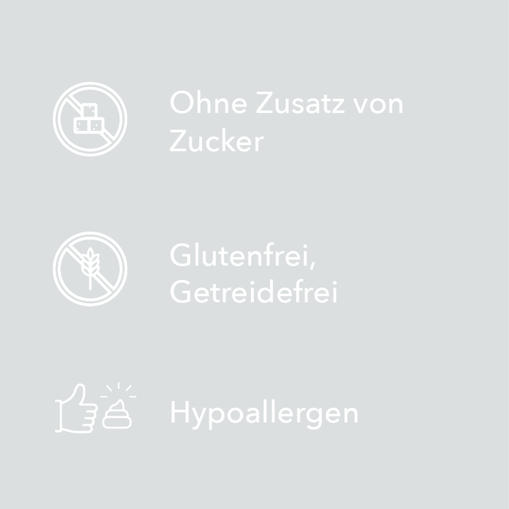 Merkmale der entoVITAL Schleckpaste als Symbole: ohne Zusatz von Zucker, glutenfrei und getreidefrei, hypoallergen