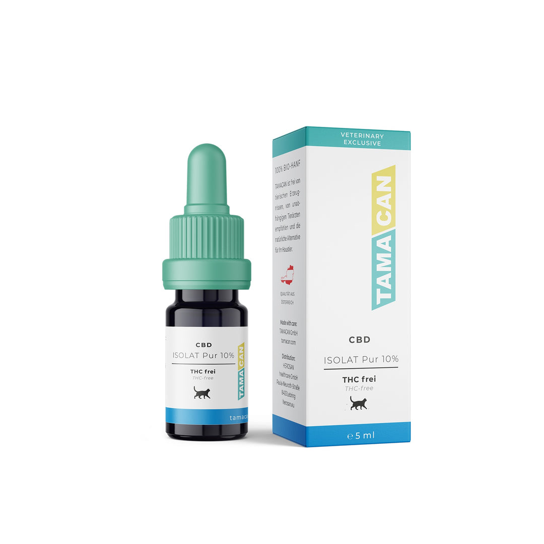 Flasche und Schachtel TAMACAN CBD ISOLAT Pur 10 Prozent, 5 ml, THC-frei, für Katzen
