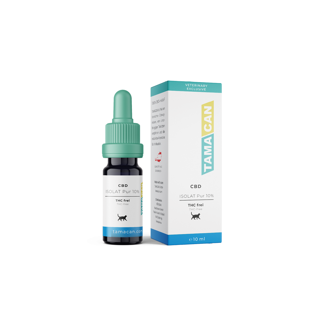 Flasche und Schachtel TAMACAN CBD ISOLAT Pur 10 Prozent, THC-frei, für Katzen