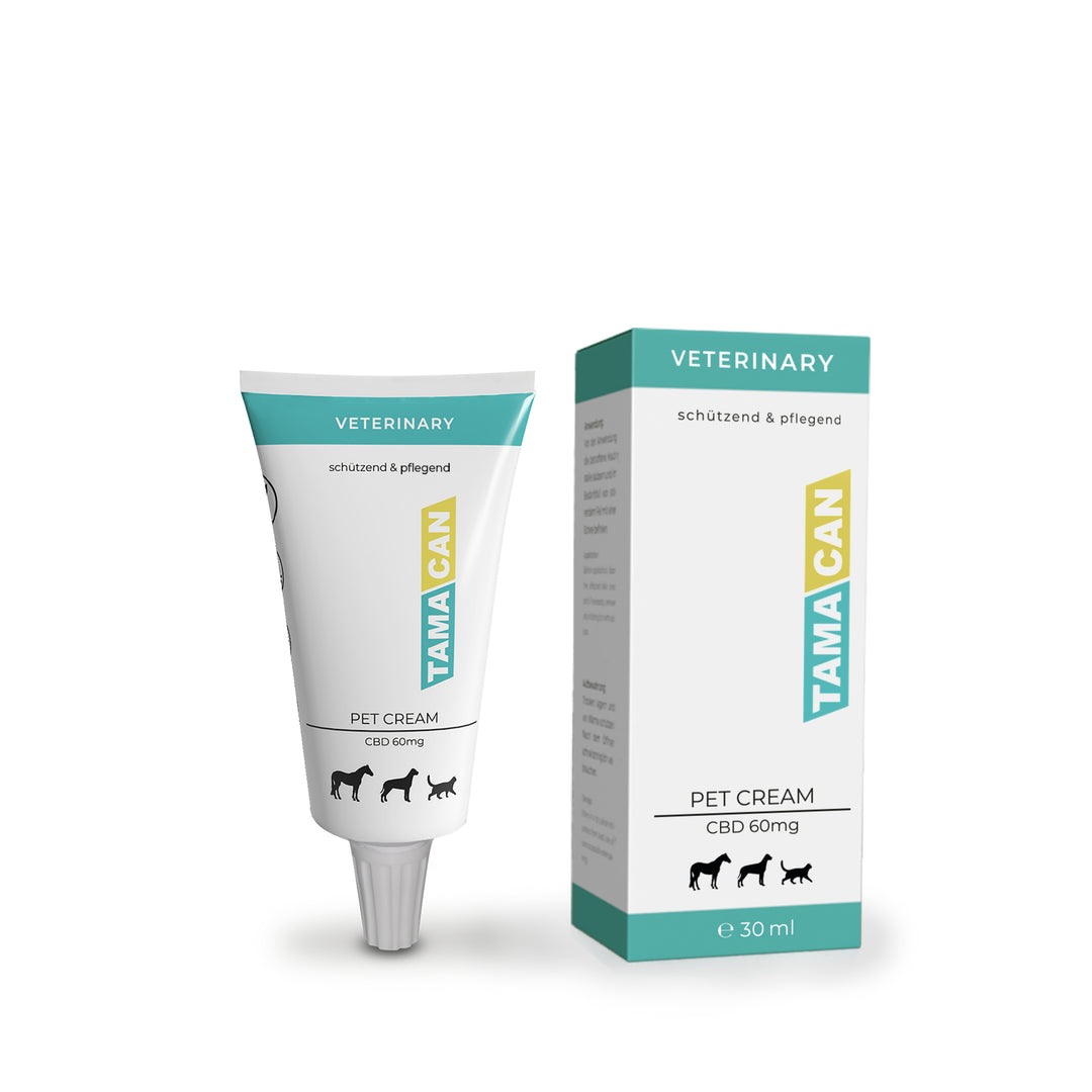 Tube und Schachtel TAMACAN Pet Cream mit 60 Milligramm CBD, 30 ml, für Pferd, Hund und Katze, freigestellt