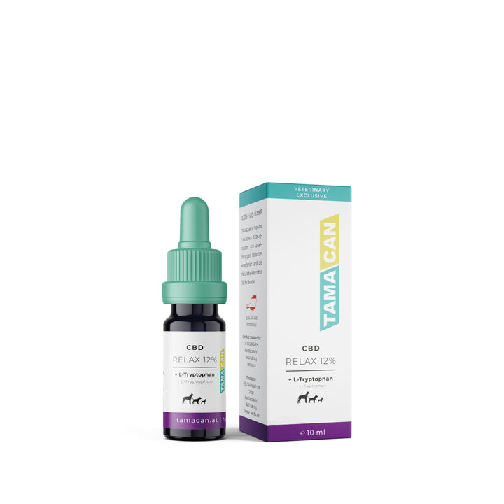 Flasche TAMACAN RELAX 12 Prozent CBD mit L-Tryptophan für Hunde und Katzen, 10 ml