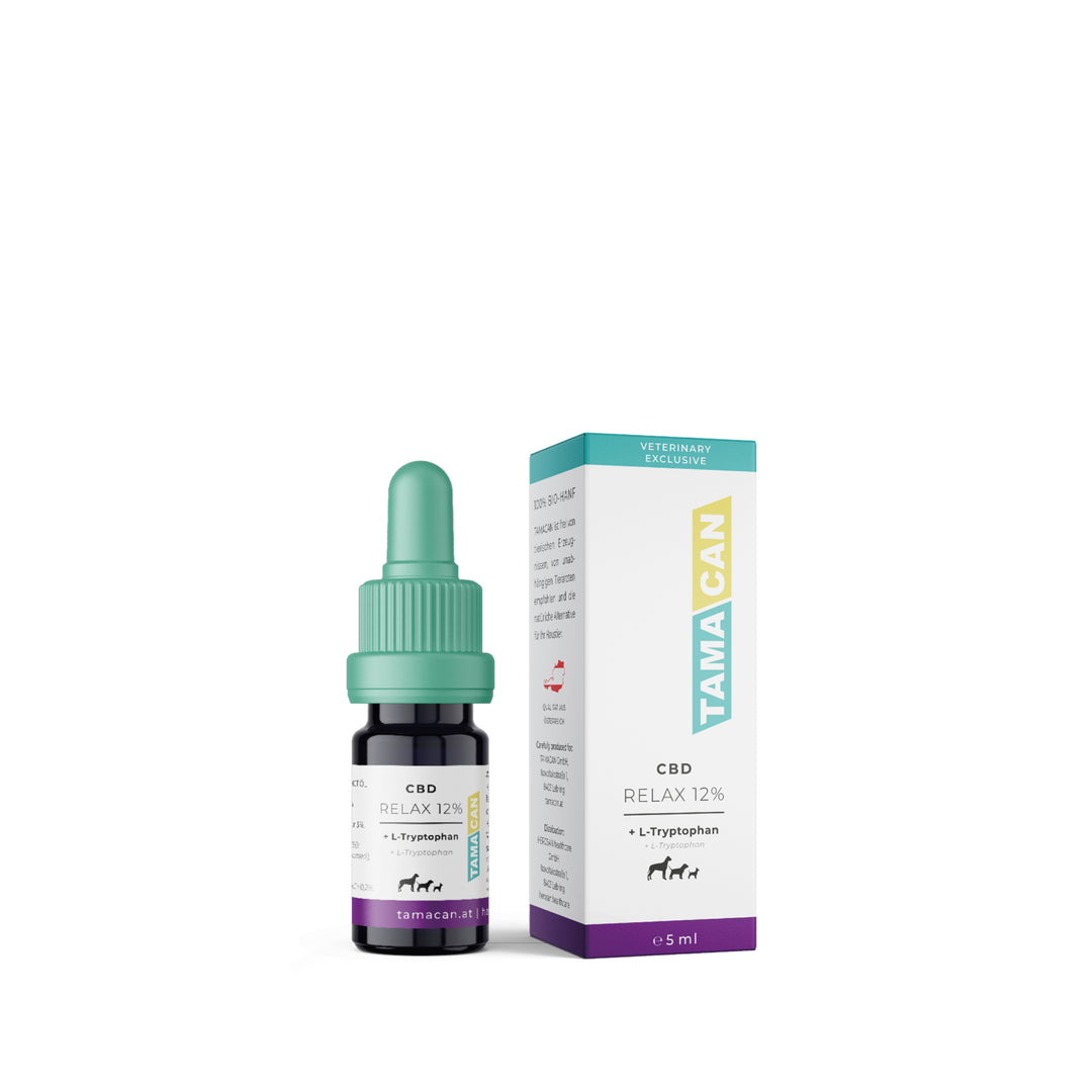 Flasche TAMACAN RELAX 12 Prozent CBD mit L-Tryptophan für Hunde und Katzen, 5 ml