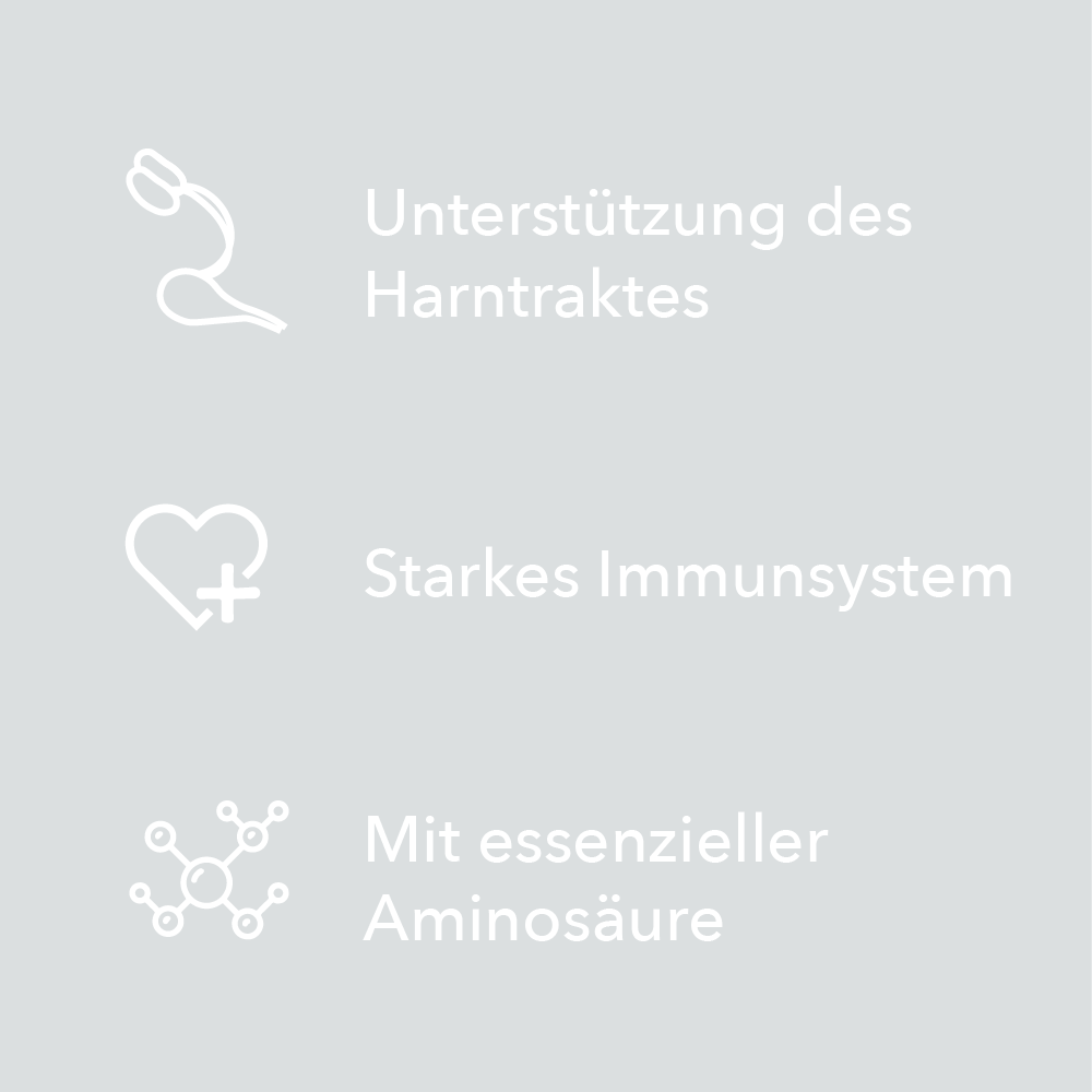 Merkmale von entoVITAL CAT Uro Care als Symbole: Unterstützung des Harntraktes, starkes Immunsystem, mit essenzieller Aminosäure