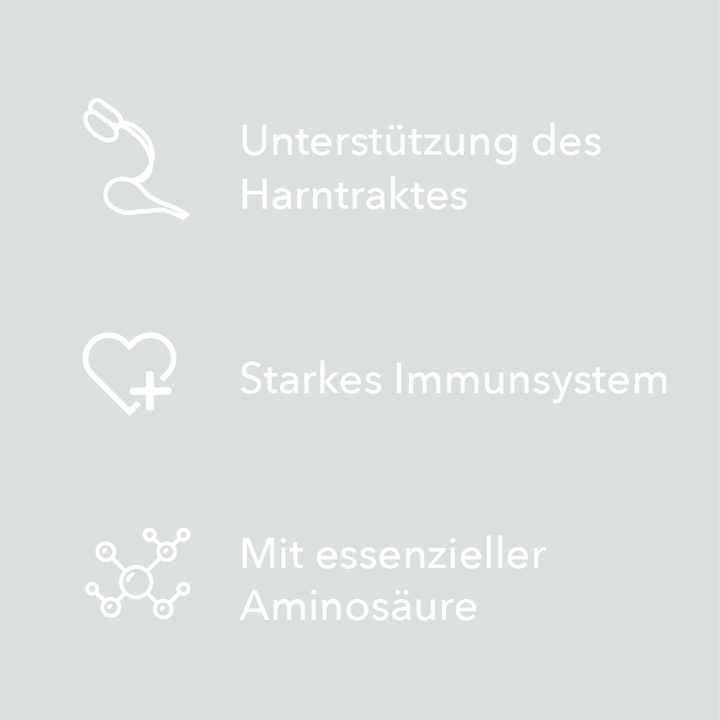 Merkmale von entoVITAL CAT Uro Care als Symbole: Unterstützung des Harntraktes, starkes Immunsystem, mit essenzieller Aminosäure