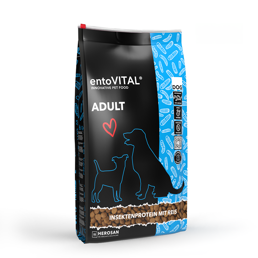 Sack entoVITAL DOG ADULT Trockenfutter mit Insektenprotein und Reis, freigestellt
