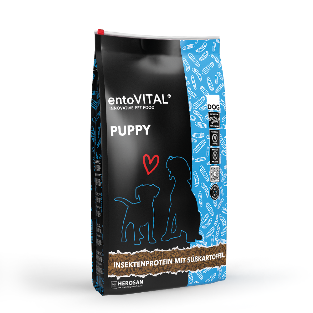 Sack entoVITAL DOG PUPPY Trockenfutter mit Insektenprotein und Süsskartoffel, freigestellt