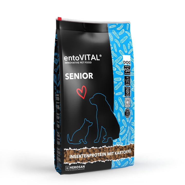 Sack entoVITAL DOG SENIOR Trockenfutter mit Insektenprotein und Kartoffel, freigestellt