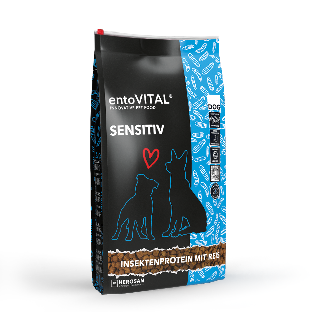 Sack entoVITAL DOG SENSITIV Trockenfutter mit Insektenprotein und Reis, freigestellt