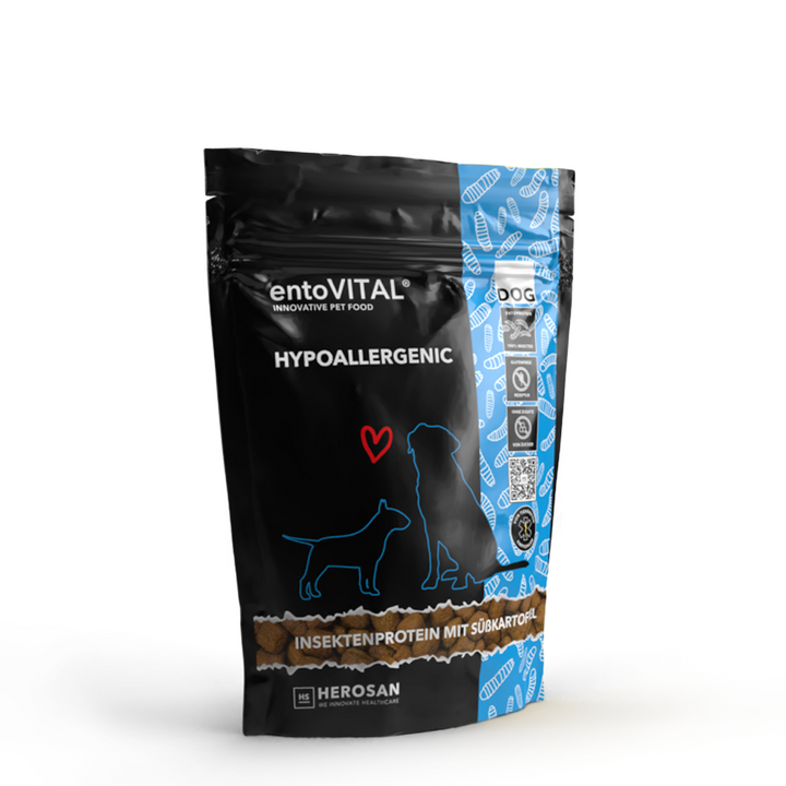Probierbeutel entoVITAL DOG HYPOALLERGENIC Trockenfutter mit Insektenprotein und Süsskartoffel, 125 Gramm