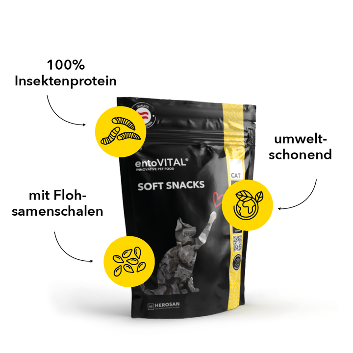 Beutel entoVITAL CAT Soft Snacks mit drei Merkmalen: 100 Prozent Insektenprotein, umweltschonend, mit Flohsamenschalen