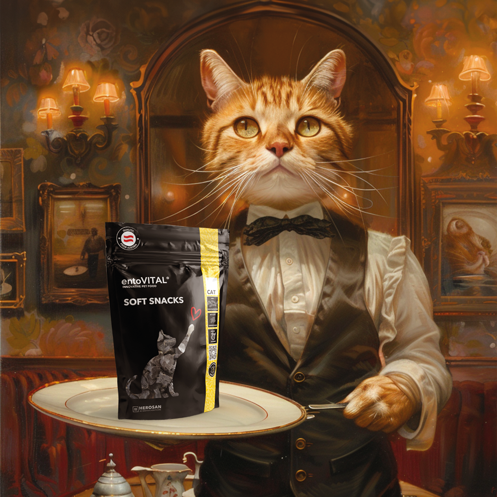 Werbemotiv im Gemäldestil: eine rote Katze als Kellner im Anzug serviert einen Beutel entoVITAL CAT Soft Snacks auf einem Tablett