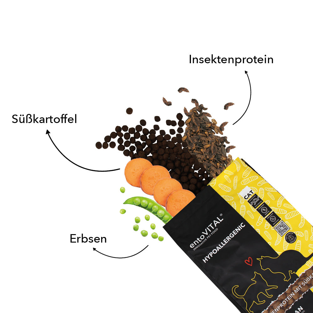 Zutaten von entoVITAL CAT HYPOALLERGENIC: Süsskartoffel, Insektenprotein und Erbsen, dazu die Kroketten vor dem Futtersack