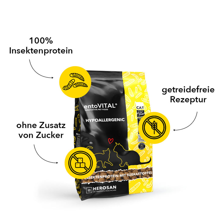 Sack entoVITAL CAT HYPOALLERGENIC mit drei Merkmalen: 100 Prozent Insektenprotein, getreidefreie Rezeptur, ohne Zusatz von Zucker