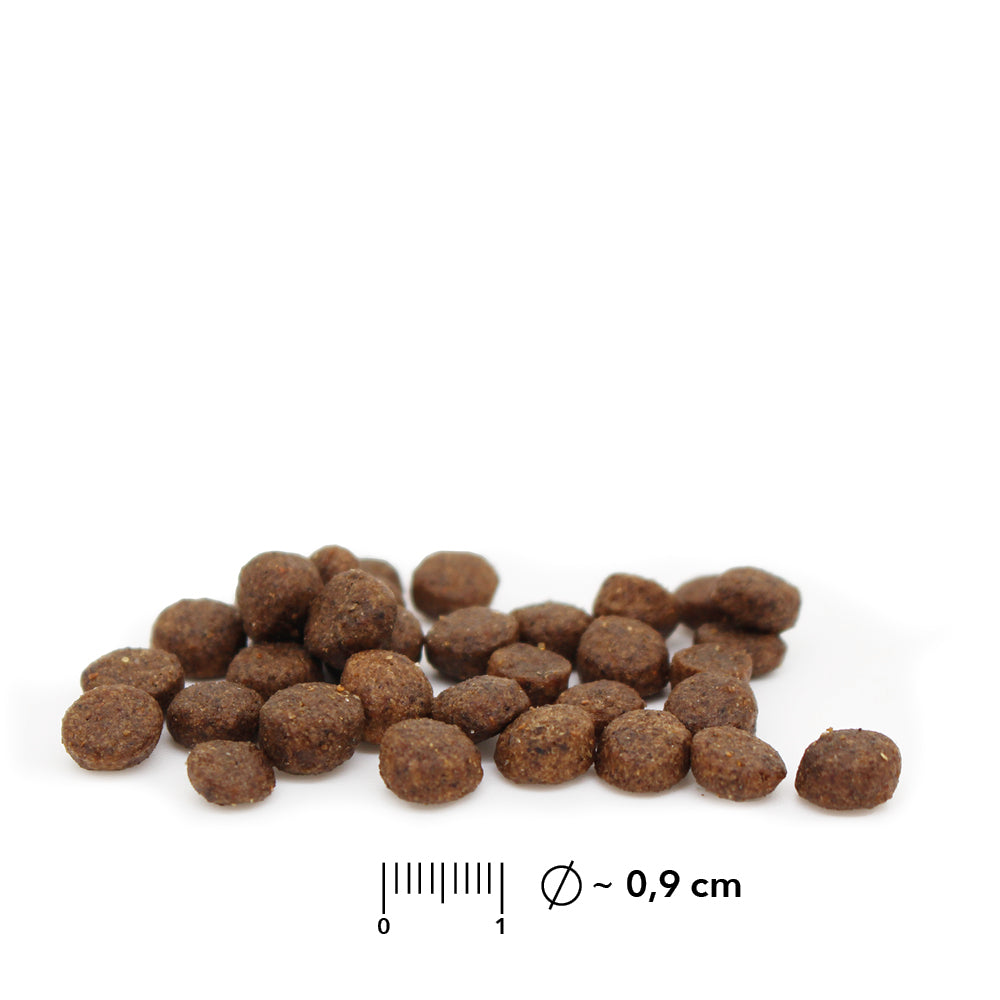 Kroketten von entoVITAL CAT HYPOALLERGENIC mit Massstab, Durchmesser rund 0,9 Zentimeter