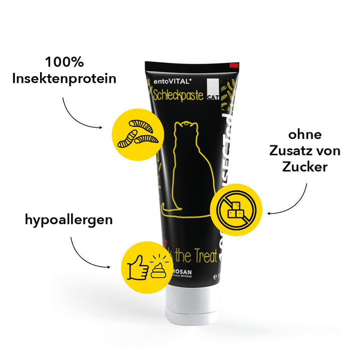 Tube entoVITAL CAT Schleckpaste mit drei Merkmalen: 100 Prozent Insektenprotein, ohne Zusatz von Zucker, hypoallergen