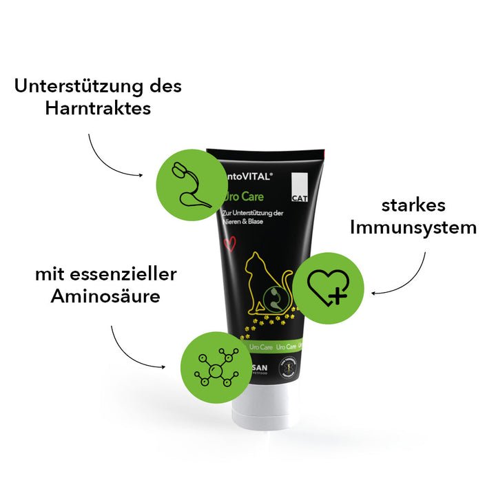 Tube entoVITAL CAT Uro Care mit drei Merkmalen: Unterstützung des Harntraktes, starkes Immunsystem, mit essenzieller Aminosäure