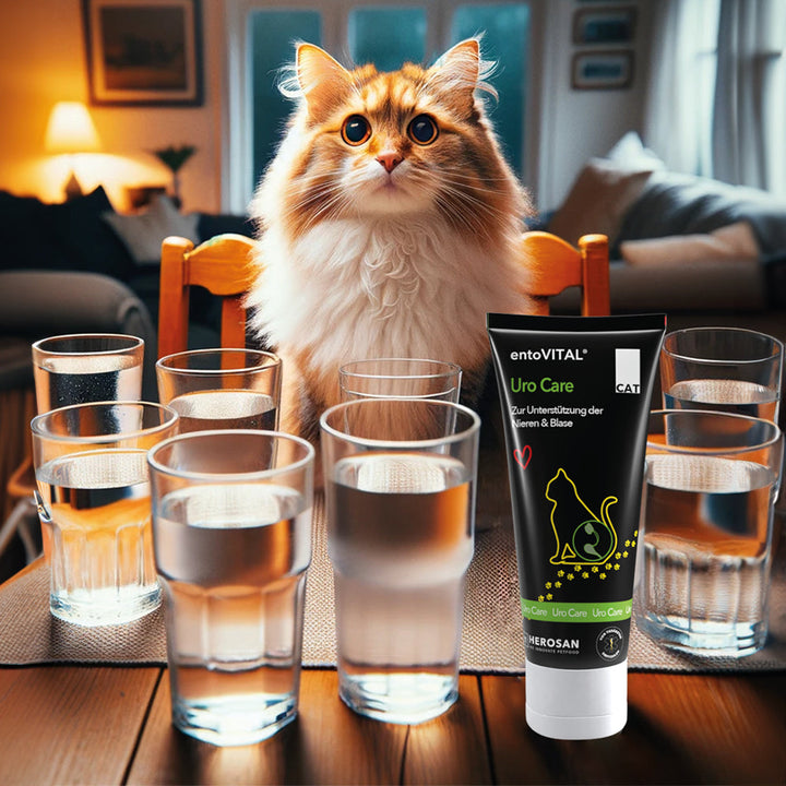 Werbemotiv: eine langhaarige rote Katze sitzt an einem Tisch mit vielen Wassergläsern, daneben eine Tube entoVITAL CAT Uro Care