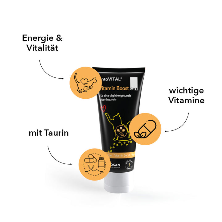 Tube entoVITAL CAT Vitamin Boost mit drei Merkmalen: Energie und Vitalität, mit Taurin, wichtige Vitamine
