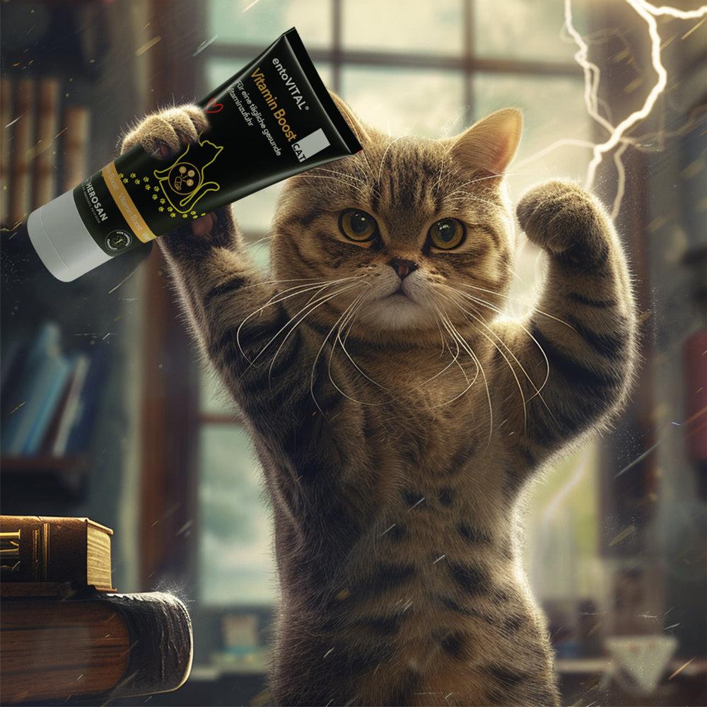 Werbemotiv: eine getigerte Katze reckt eine Tube entoVITAL CAT Vitamin Boost triumphierend in die Höhe