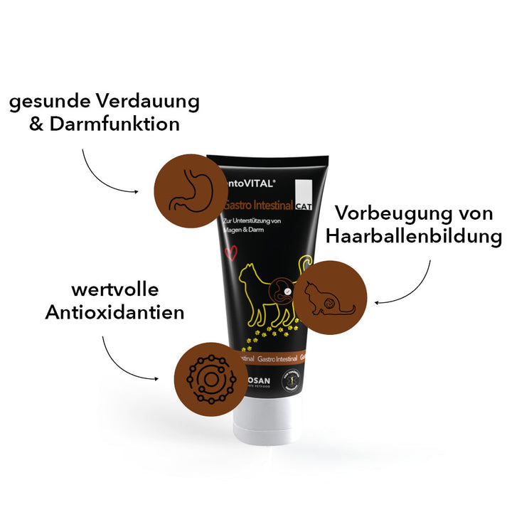 Tube entoVITAL CAT Gastro Intestinal mit drei Merkmalen: gesunde Verdauung und Darmfunktion, Vorbeugung von Haarballenbildung, wertvolle Antioxidantien