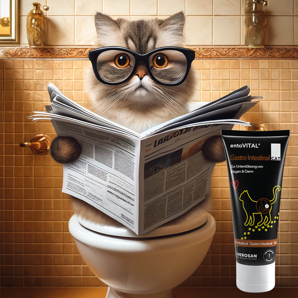 Werbemotiv: eine Katze mit Brille sitzt zeitunglesend auf dem WC, daneben eine Tube entoVITAL CAT Gastro Intestinal