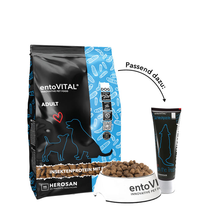 Sack entoVITAL DOG ADULT mit gefülltem Futternapf und einer Tube entoVITAL DOG Schleckpaste, dazu der Hinweis «Passend dazu»