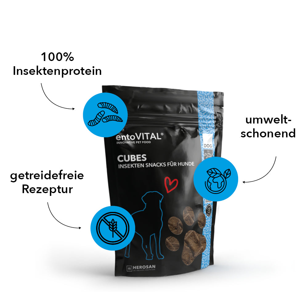 Beutel entoVITAL DOG Cubes mit drei Merkmalen: 100 Prozent Insektenprotein, getreidefreie Rezeptur, umweltschonend