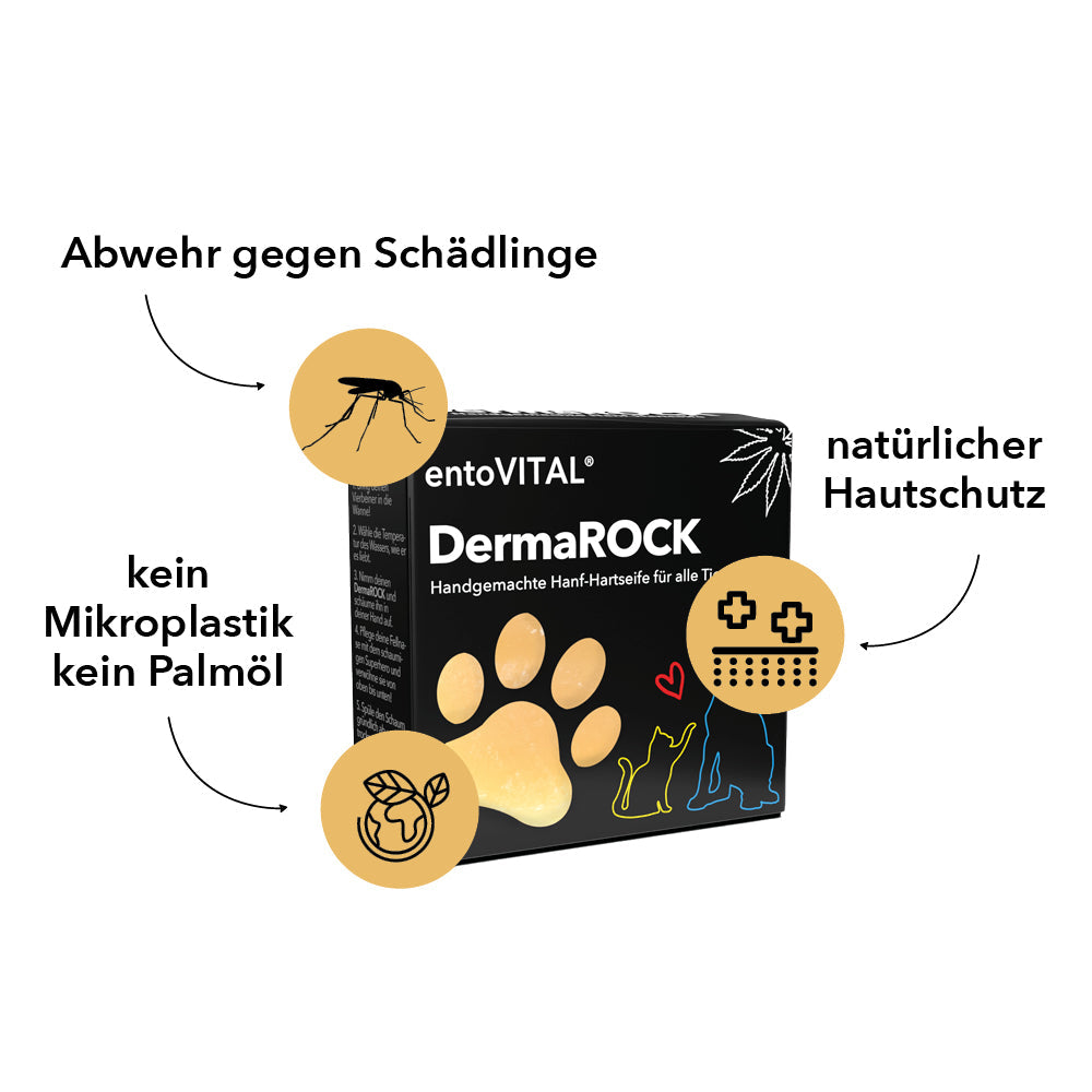 Schachtel entoVITAL DermaROCK Hanf-Hartseife mit drei Merkmalen: Abwehr gegen Schädlinge, natürlicher Hautschutz, kein Mikroplastik und kein Palmöl
