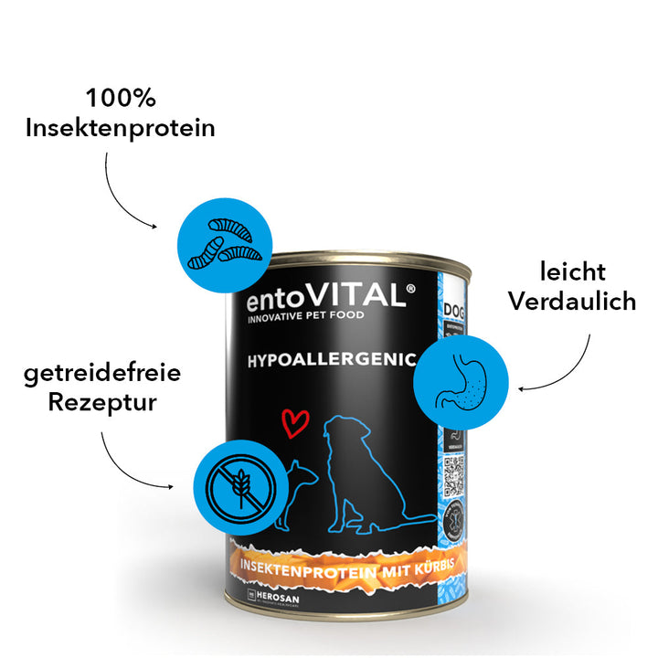 Dose entoVITAL DOG HYPOALLERGENIC Nassfutter mit drei Merkmalen: 100 Prozent Insektenprotein, getreidefreie Rezeptur, leicht verdaulich