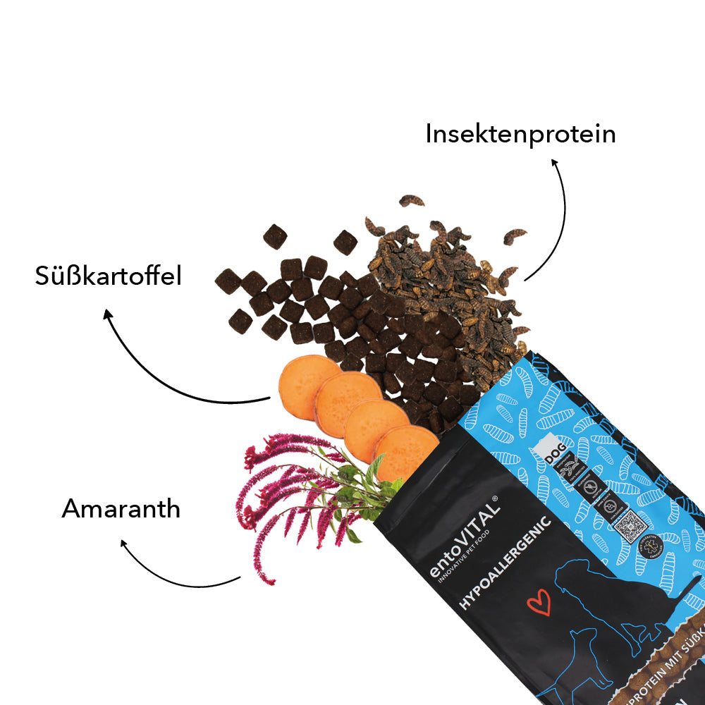 Zutaten von entoVITAL DOG HYPOALLERGENIC: Insektenprotein, Süsskartoffel und Amaranth neben dem geöffneten Futtersack