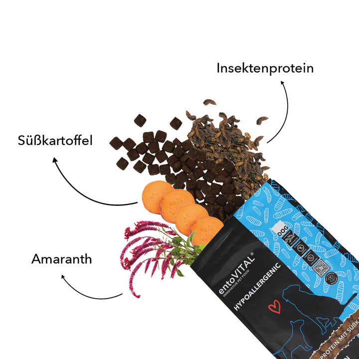Zutaten von entoVITAL DOG HYPOALLERGENIC: Insektenprotein, Süsskartoffel und Amaranth neben dem geöffneten Futtersack