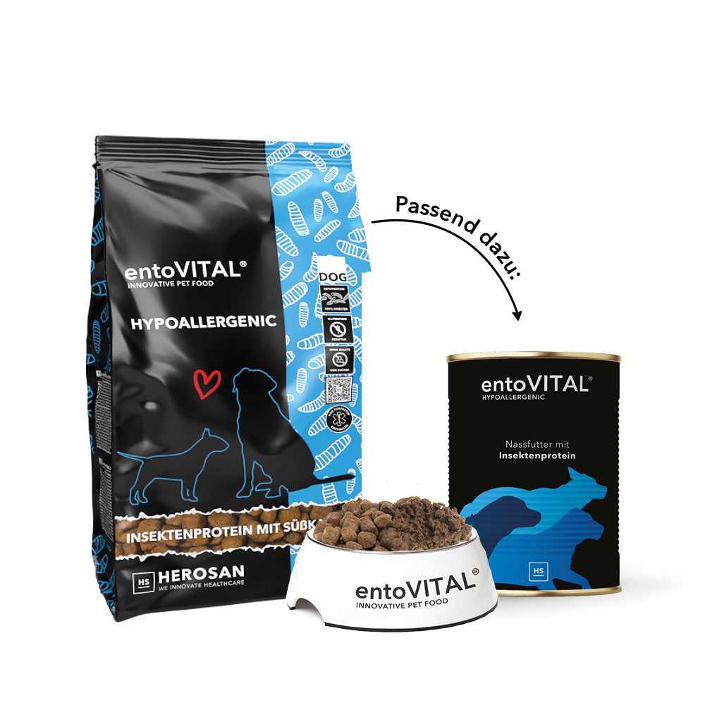 Sack entoVITAL DOG HYPOALLERGENIC mit gefülltem Futternapf und einer Dose entoVITAL Nassfutter, dazu der Hinweis «Passend dazu»