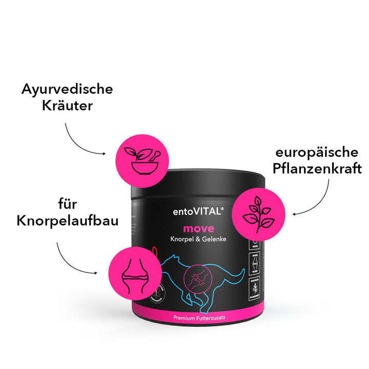 Dose entoVITAL DOG move mit drei Merkmalen: ayurvedische Kräuter, für Knorpelaufbau, europäische Pflanzenkraft