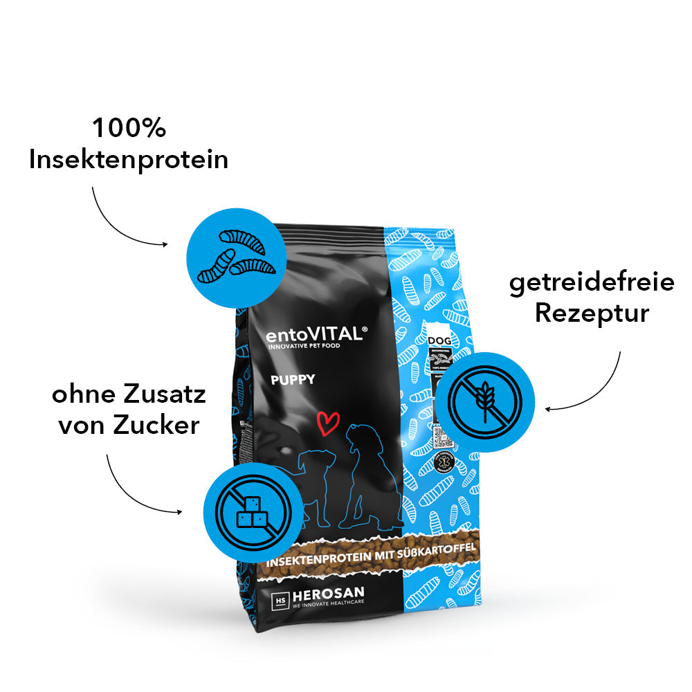 Sack entoVITAL DOG PUPPY mit drei Merkmalen: 100 Prozent Insektenprotein, getreidefreie Rezeptur, ohne Zusatz von Zucker