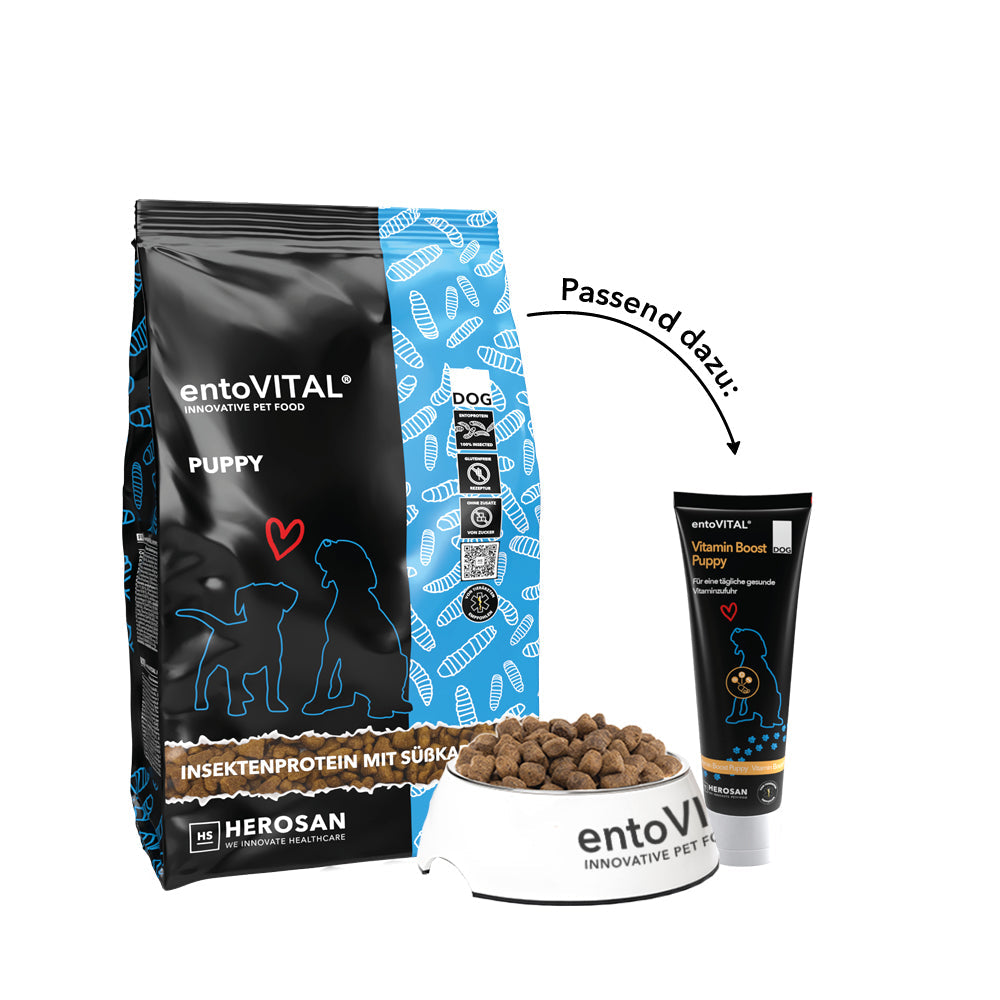 Sack entoVITAL DOG PUPPY mit gefülltem Futternapf und einer Tube entoVITAL Vitamin Boost Puppy, dazu der Hinweis «Passend dazu»