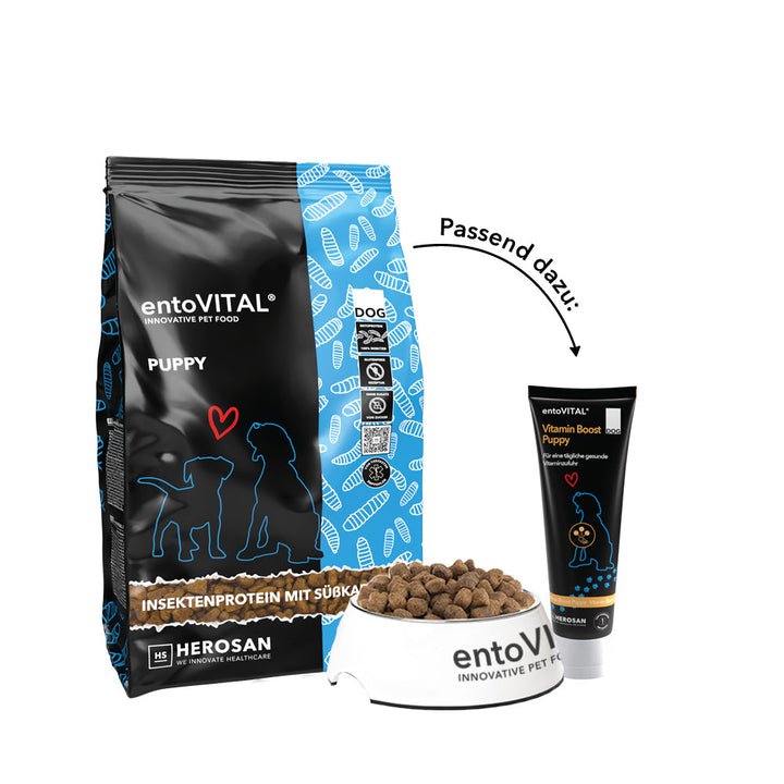 Sack entoVITAL DOG PUPPY mit gefülltem Futternapf und einer Tube entoVITAL Vitamin Boost Puppy, dazu der Hinweis «Passend dazu»