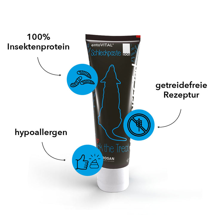 Tube entoVITAL DOG Schleckpaste mit drei Merkmalen: 100 Prozent Insektenprotein, getreidefreie Rezeptur, hypoallergen