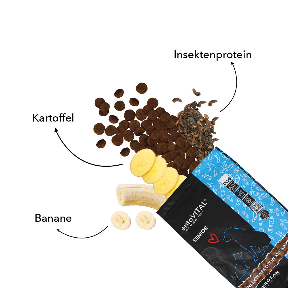 Zutaten von entoVITAL DOG SENIOR: Kartoffel, Insektenprotein und Banane neben dem geöffneten Futtersack