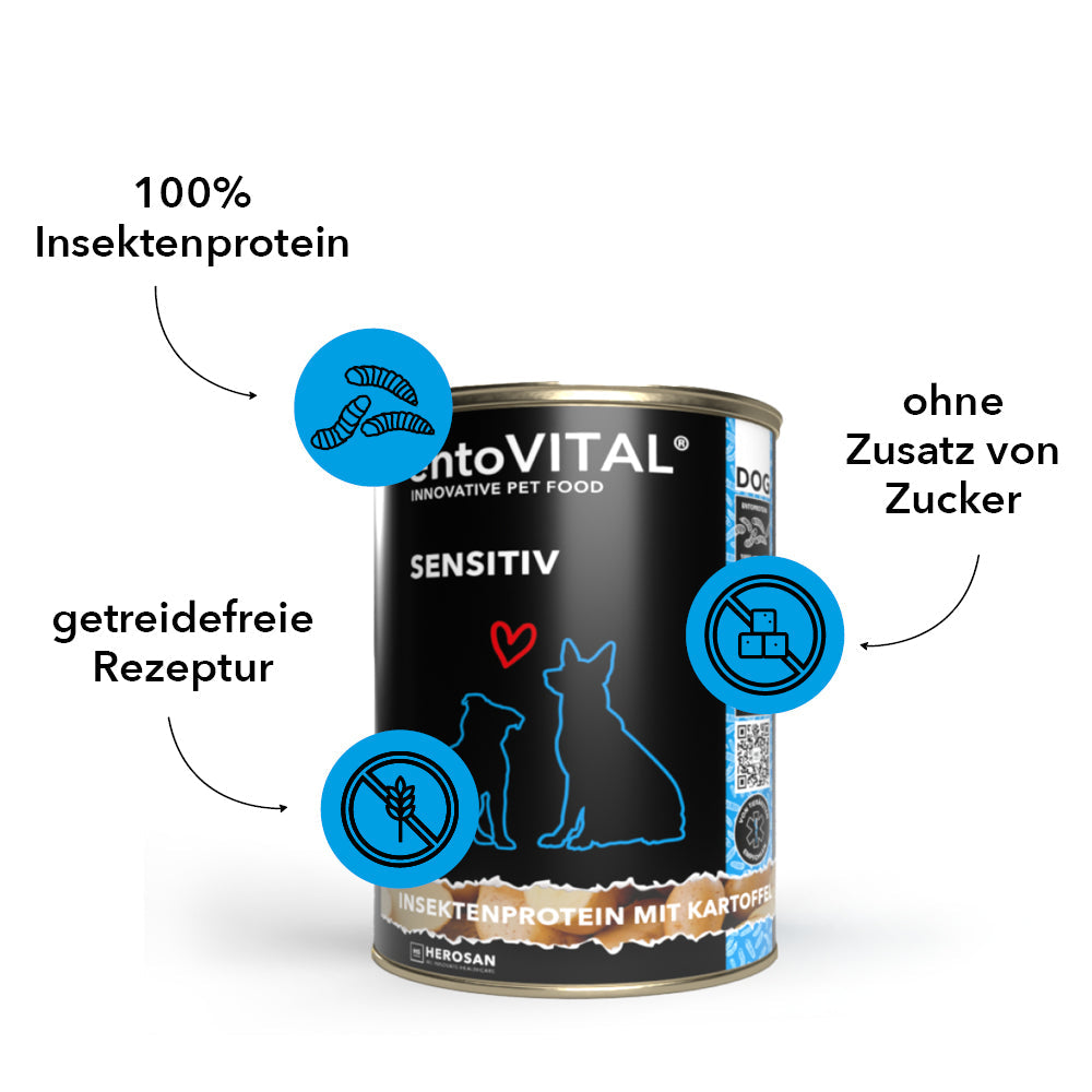 Dose entoVITAL DOG SENSITIV Nassfutter mit drei Merkmalen: 100 Prozent Insektenprotein, getreidefreie Rezeptur, ohne Zusatz von Zucker