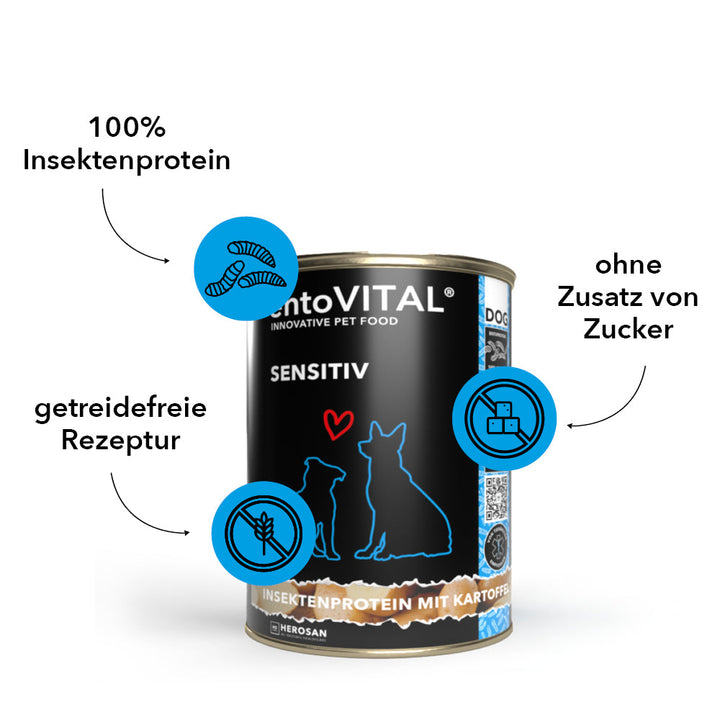 Dose entoVITAL DOG SENSITIV Nassfutter mit drei Merkmalen: 100 Prozent Insektenprotein, getreidefreie Rezeptur, ohne Zusatz von Zucker