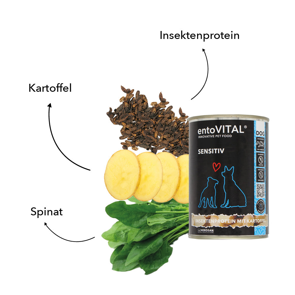 Zutaten von entoVITAL DOG SENSITIV Nassfutter: Kartoffel, Insektenprotein und Spinat neben der Dose