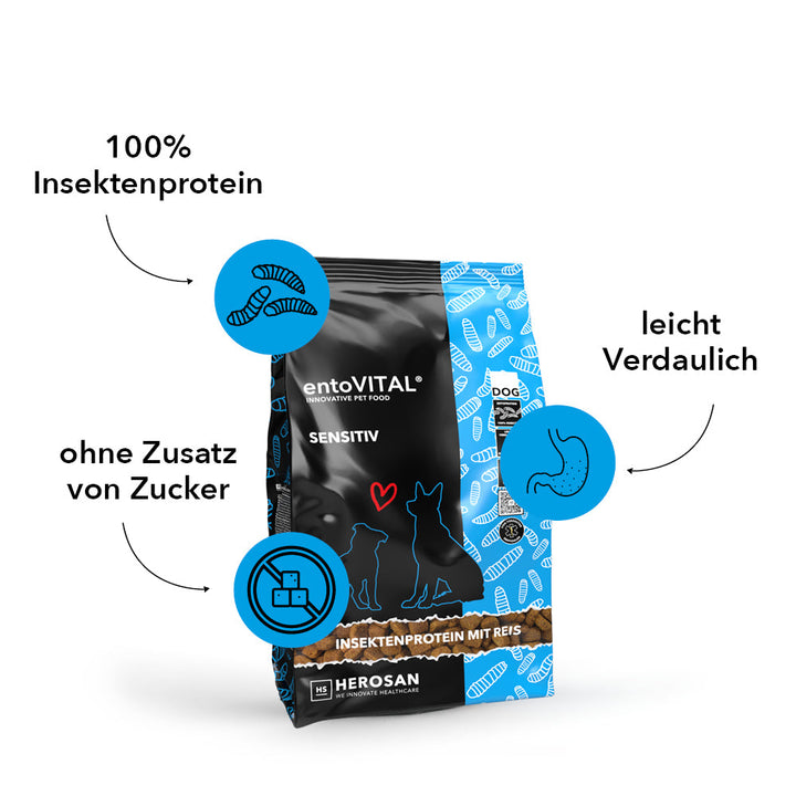 Sack entoVITAL DOG SENSITIV mit drei Merkmalen: 100 Prozent Insektenprotein, leicht verdaulich, ohne Zusatz von Zucker