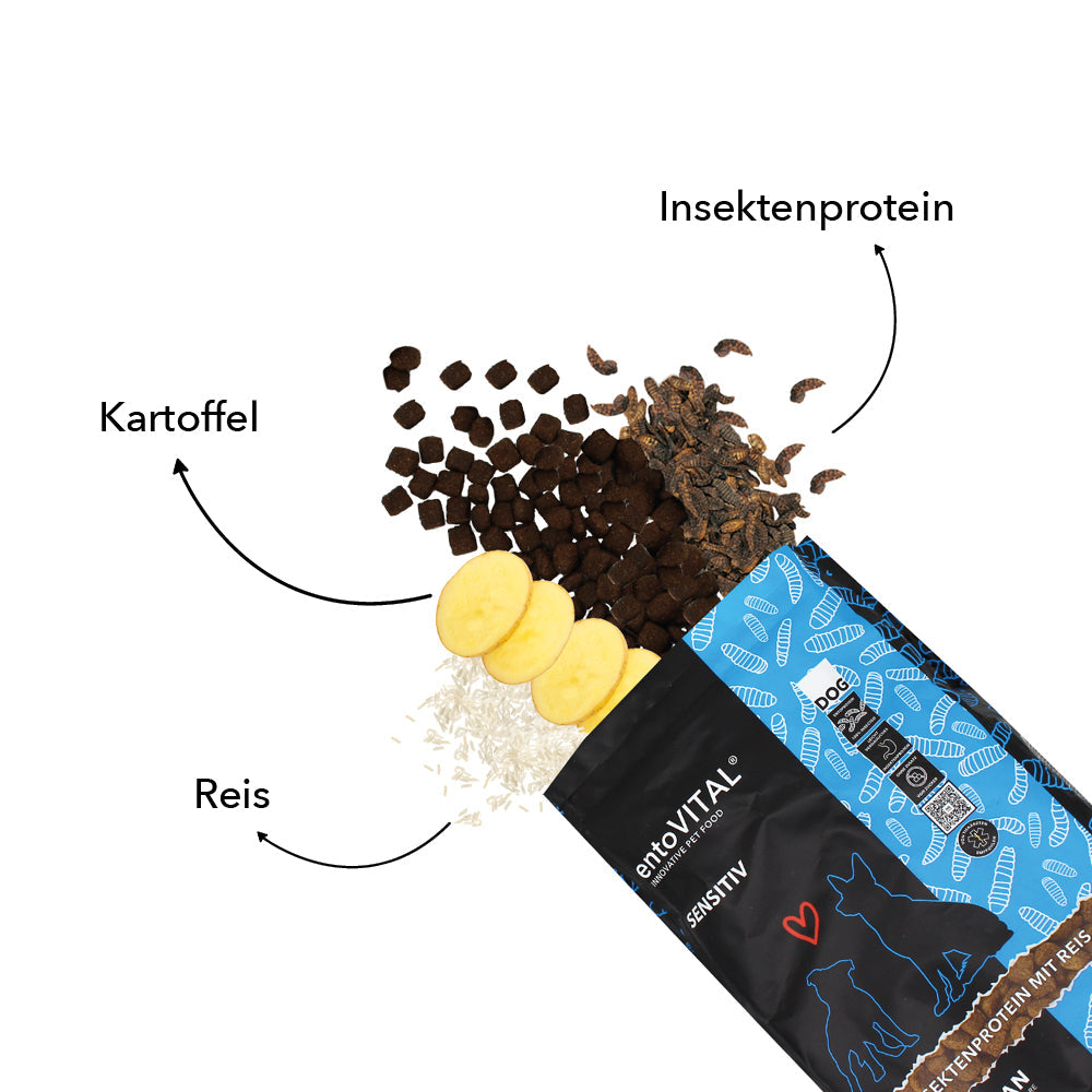 Zutaten von entoVITAL DOG SENSITIV: Kartoffel, Insektenprotein und Reis neben dem geöffneten Futtersack