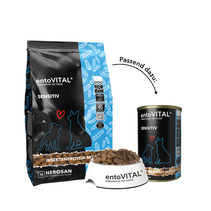 Sack entoVITAL DOG SENSITIV mit gefülltem Futternapf und einer Dose entoVITAL SENSITIV Nassfutter, dazu der Hinweis «Passend dazu»